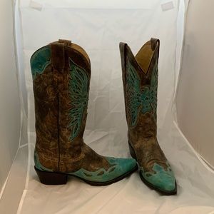 Brown and turquoise cowboy boots